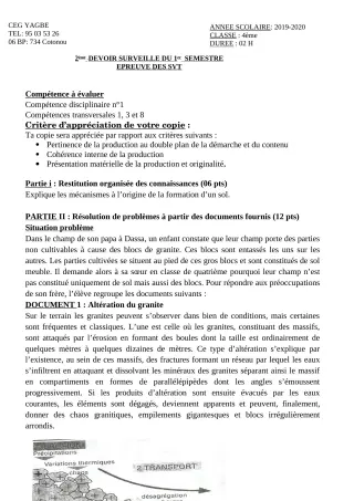 Première page de SVT 4e, 4e ML — 2e devoir surveillé, 1er semestre (2019-2020) · CEG Yagbe