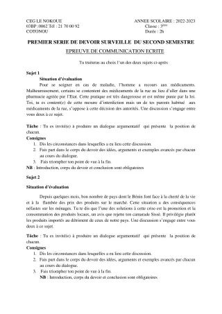 Première page de Français 3e, 3e ML — 1er devoir surveillé, 2e semestre (2022-2023) · CEG LE NOKOUE