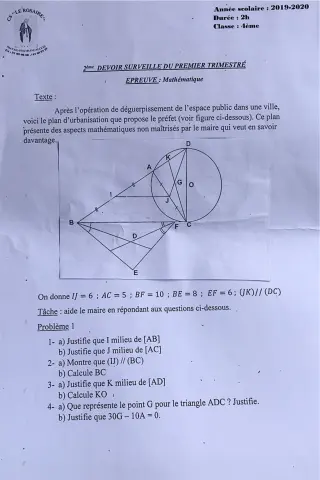 Première page de Mathématiques 4e, 4e ML — 2e devoir surveillé, 1er trimestre (2019-2020) · CPEG ROSAIRE