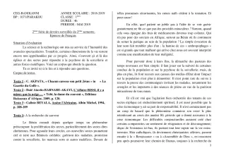 Première page de Français 1ère A2, 1ère B, 1ère C, 1ère D — 2e devoir surveillé, 2e semestre (2018-2019) · CEG Banikanni