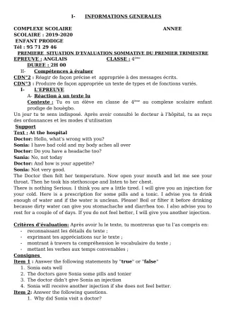 Première page de Anglais 4e, 4e ML — Évaluation sommative, 1er trimestre (2019-2020) · CPEG ENFANT PRODIGE