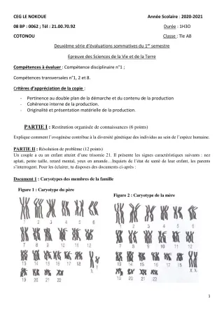 Première page de SVT Tle A1, Tle A2, Tle B — Évaluation sommative, 1er semestre (2020-2021) · CEG LE NOKOUE
