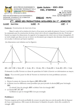 Première page de Mathématiques 4e — 2e production scolaire, 1er semestre (2023-2024) · CEG1 Ikpinlè