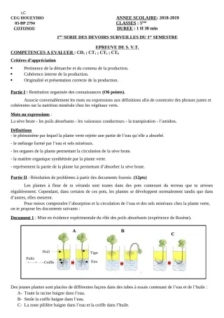 Première page de SVT 5e — 1er devoir surveillé, 1er semestre (2018-2019) · CEG HOUEYIHO