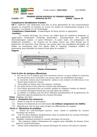 Première page de PCT 5e — Devoir surveillé, 1er semestre (2023-2024) · CEG SEKERE