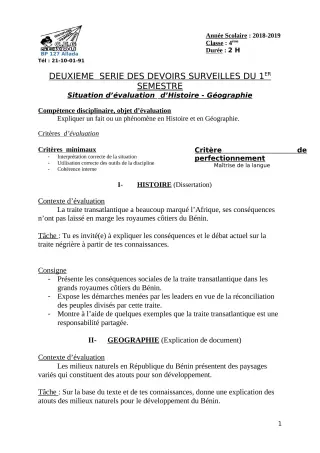 Première page de Histoire-Géographie 4e — 2e devoir surveillé, 1er semestre (2018-2019) · CEG Sékou