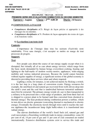 Première page de Anglais 2nde A, 2nde A & B, 2nde A1, 2nde B, 2nde C, 2nde D — 1re évaluation sommative, 2e semestre (2019-2020) · CEG Dantokpa