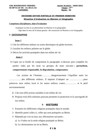 Première page de Histoire-Géographie 6e — 2e devoir surveillé, 1er semestre (2020-2021) · CEG Kouhounou-Vêdoko