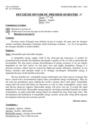 Première page de Anglais 2nde A & B, 2nde A1, 2nde A2, 2nde B — 2e devoir surveillé, 1er semestre (2019-2020) · CEG Attogon