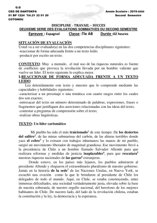 Première page de Espagnol 4e ML&MC, 3e ML, 2nde A & B, 2nde B, 1ère A2, 1ère B, Tle A2, Tle B — 2e évaluation sommative, 2e semestre (2019-2020) · CEG Dantokpa