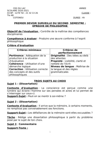 Première page de Philosophie Tle A2, Tle B — 1er devoir surveillé, 2e semestre (2020-2021) · CEG du Lac
