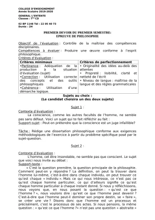 Première page de Philosophie Tle C, Tle D — 1er devoir surveillé, 1er semestre (2019-2020) · CEG L'Entente