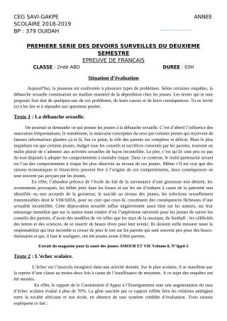 Première page de Français 2nde A & B, 2nde D — 1er devoir surveillé, 2e semestre (2018-2019) · CEG SAVI GAKPE