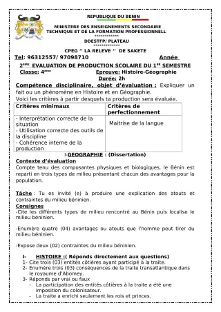 Première page de Histoire-Géographie 4e — 2e production scolaire, 1er semestre (2023-2024) · CPEG LA RELEVE