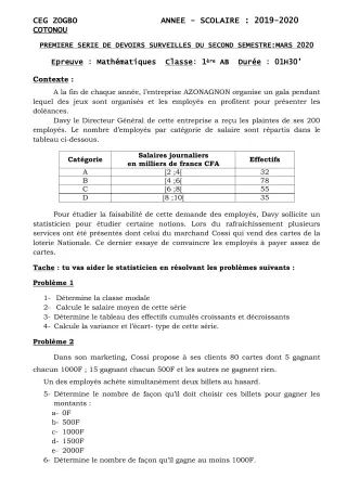 Première page de Mathématiques 1ère A1, 1ère A2, 1ère B — 1er devoir surveillé, 2e semestre (2019-2020) · CEG ZOGBO