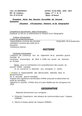 Première page de Histoire-Géographie 2nde C, 2nde D — 1er devoir surveillé, 2e semestre (2018-2019) · CEG Le Méridien