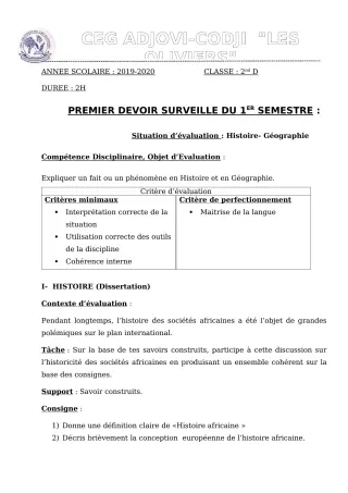 Première page de Histoire-Géographie 2nde D — 1er devoir surveillé, 1er semestre (2019-2020) · CEG ADJOVICODJI 'LES OLIVIERS'