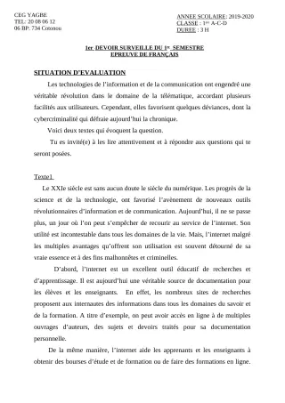 Première page de Français 1ère A2, 1ère C, 1ère D — 1er devoir surveillé, 1er semestre (2019-2020) · CEG Yagbe