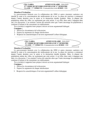 Première page de Français 6e, 3e ML — 2e devoir surveillé, 1er semestre (2018-2019) · CEG Yarra