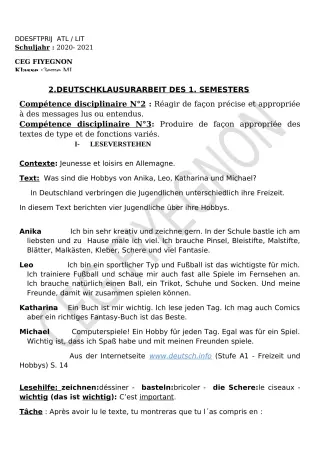 Première page de Devoir surveillé de ALLEMAND — 3e ML — CEG FIYEGNON (2020)