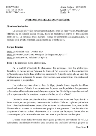 Première page de Français 2nde A, 2nde A1, 2nde A2, 2nde C, 2nde D — 2e devoir surveillé (2019-2020) · CEG Yagbe