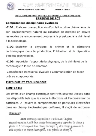 Première page de PCT 1ère D — 2e devoir surveillé, 2e semestre (2019-2020) · CEG ADJOVICODJI 'LES OLIVIERS'
