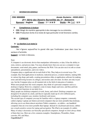 Première page de Anglais 1ère A2, 1ère D — 2e devoir surveillé, 1er semestre (2020-2021) · CEG SEKERE