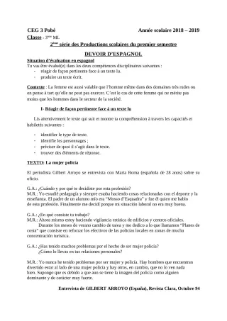 Première page de Espagnol 3e ML — 2e production scolaire, 1er semestre (2018-2019) · CEG3 Pobè (Akouho)