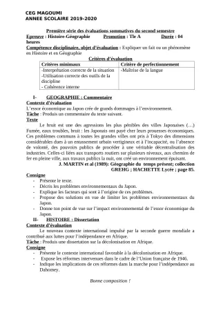 Première page de Histoire-Géographie Tle A1 — 1re évaluation sommative, 2e semestre (2019-2020) · CEG MAGOUMI