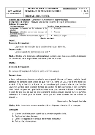 Première page de Philosophie Tle D — 1er devoir surveillé, 1er semestre (2019-2020) · CEG Kaïtèmè