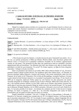 Première page de Français Tle A1, Tle A2, Tle B, Tle C, Tle D — 1er devoir surveillé, 1er semestre (2020-2021) · CEG LE NOKOUE