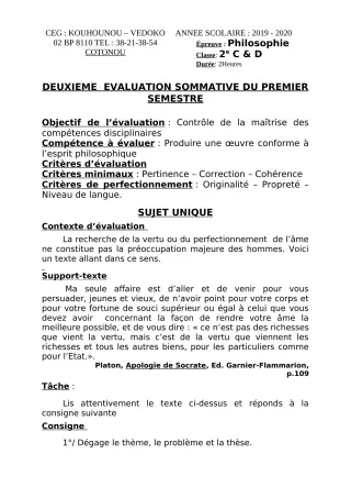 Première page de Philosophie 2nde C, 2nde D — 2e évaluation sommative, 1er semestre (2019-2020) · CEG Kouhounou-Vêdoko