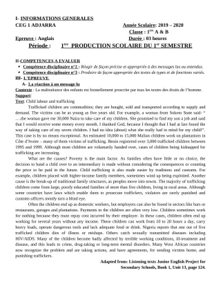 Première page de Anglais 1ère A, 1ère A1, 1ère A2, 1ère B — 1re production scolaire, 1er semestre (2019-2020) · CEG1 Adjarra