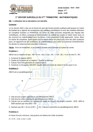 Première page de Mathématiques 5e — 1er devoir surveillé, 3e trimestre (2019-2020) · CPEG LE PHARAON