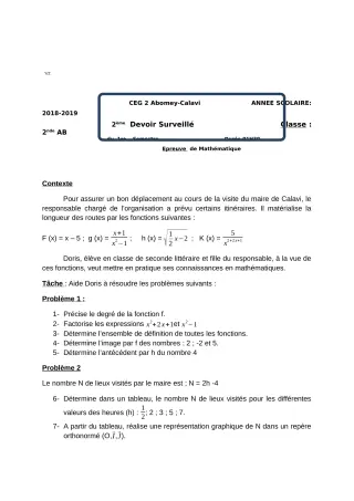 Première page de Mathématiques 2nde A, 2nde B — 2e devoir surveillé, 1er semestre (2018-2019) · CEG2 ABOMEY - CALAVI (CEG ZOCA)