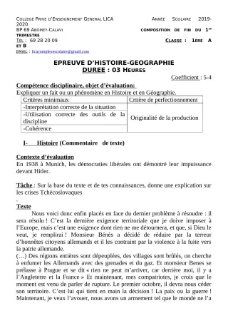 Première page de Histoire-Géographie 1ère A2, 1ère B, 1ère C, 1ère D — Composition, 1er trimestre (2019-2020) · CPEG LICA