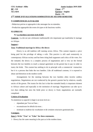 Première page de Anglais 3e, 3e ML — Évaluation sommative, 2e semestre (2019-2020) · CEG AZOHOUE-ALIHO