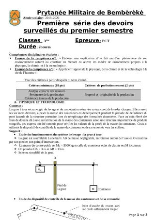 Première page de PCT 3e — 1er devoir surveillé, 1er semestre (2019-2020) · PMB