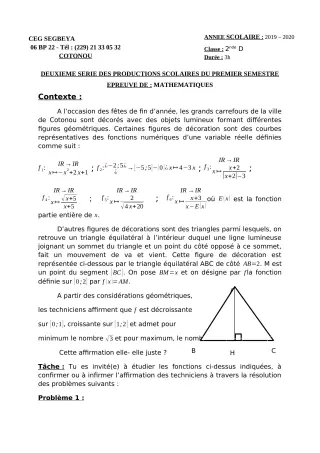 Première page de Mathématiques 2nde D — 2e production scolaire, 1er semestre (2019-2020) · CEG SEGBEYA