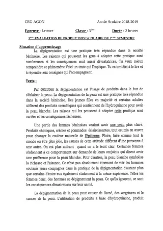 Première page de Français 3e ML — 1re production scolaire, 2e semestre (2018-2019) · CEG Agon
