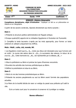 Première page de Histoire-Géographie 5e — 2e production scolaire, 1er semestre (2022-2023) · CEG POSSOTOME