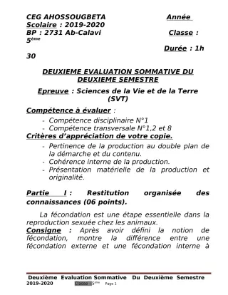 Première page de SVT 5e — 2e évaluation sommative, 2e semestre (2019-2020) · CEG Ahossougbéta