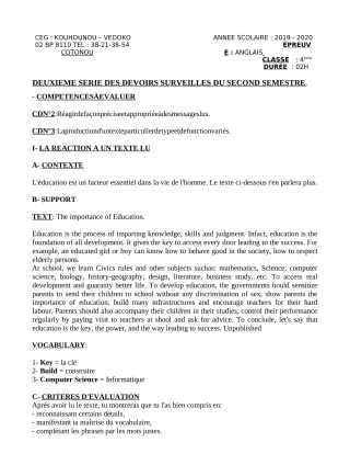 Première page de Anglais 4e, 4e ML — 2e devoir surveillé, 2e semestre (2019-2020) · CEG Kouhounou-Vêdoko
