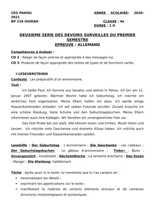 Première page de Allemand 4e — 2e devoir surveillé, 1er semestre (2020-2021) · CEG PAHOU