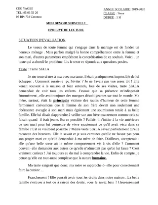 Première page de Français 3e, 3e ML — 1er devoir surveillé (2019-2020) · CEG Yagbe