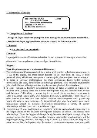 Première page de Anglais Tle D — 2e évaluation sommative, 2e semestre (2022-2023) · CEG2 ABOMEY - CALAVI (CEG ZOCA)