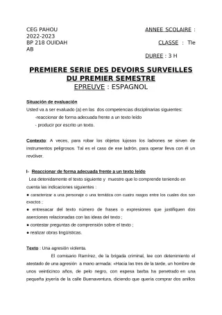 Première page de Espagnol Tle A2, Tle B — 1er devoir surveillé, 1er semestre (2022-2023) · CEG PAHOU