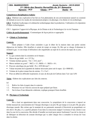 Première page de PCT 3e — 1er devoir surveillé, 2e semestre (2019-2020) · CEG MAREGOUROU