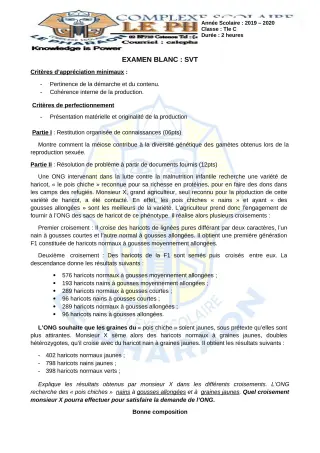 Première page de SVT Tle C — Composition (2019-2020) · CPEG LE PHARAON