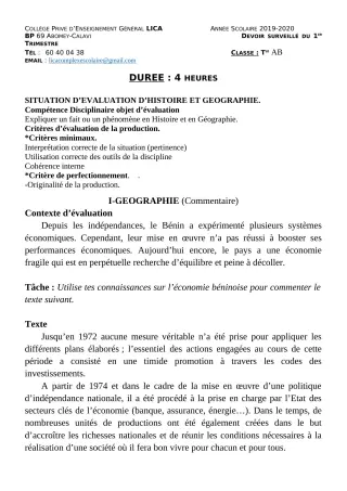Première page de Histoire-Géographie Tle A2, Tle B — Devoir surveillé, 1er trimestre (2019-2020) · CPEG LICA